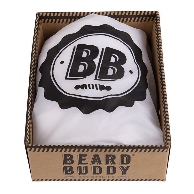 Beard Buddy Shaving Bib in the box, connected to your mirror with suction cups, great gift for men with beards.