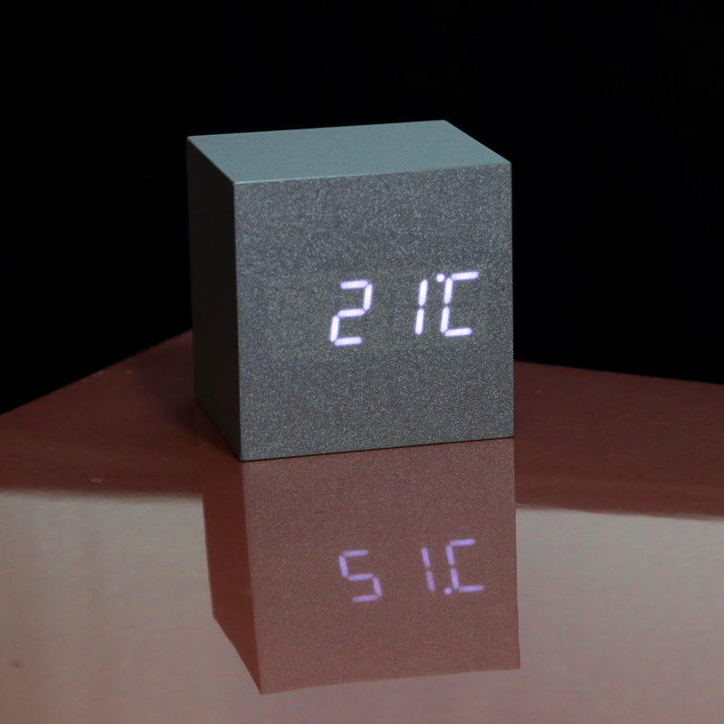 Cubee Wood clock in Silver wood finish with digital time in white. Sound activated time for bed time lighting. cool photo