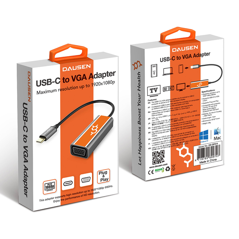 The USB-C to VGA Adapter 1080P from Dausen allows you to mirror/extend video image from your USB-C enabled devices to your VGA monitors/displays and you’ll be all set for your presentation or other uses. Just plug and play, a way to simplify your work.