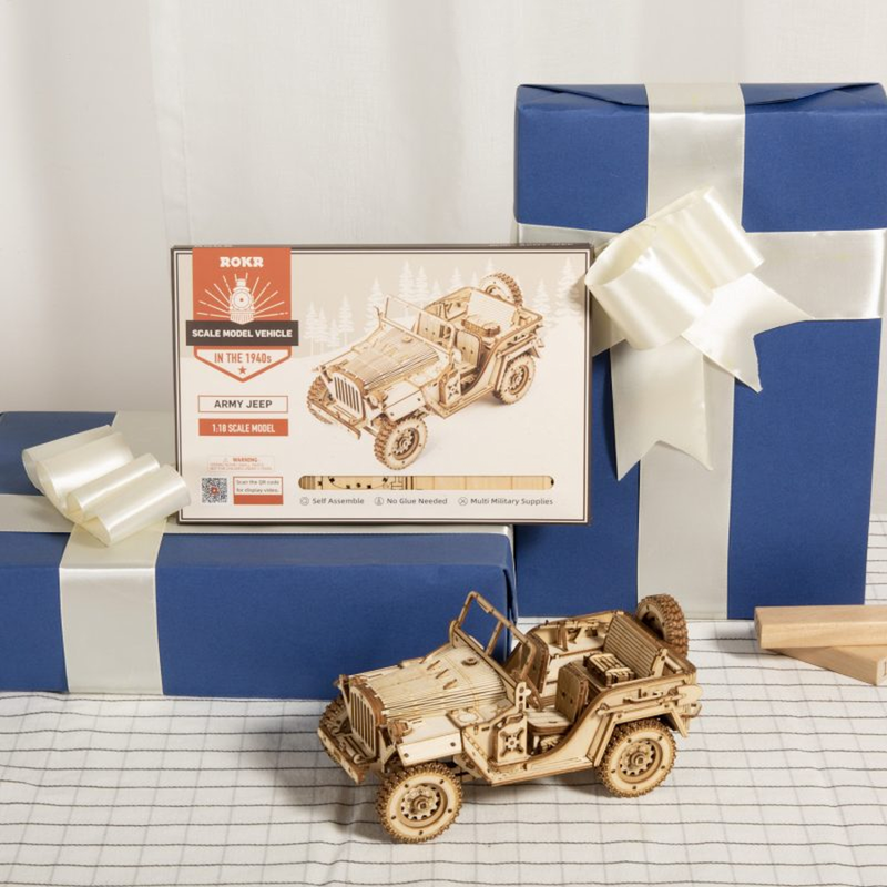 Be ready for an amazing 3D replica, the Robotime Army Field Car it's a 1:18 Scale Model Vehicle, secure and well-equipped army jeep shape. A self assemble kit that will bring joy in making it but will also look good as display after finishing. An art and craft project and great gift for birthdays.