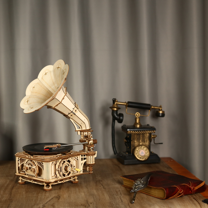 Enjoy the look and functionality of the Robotime Classical Gramophone, which is inspired by the Gramophone invented by Thomas Edison. This DIY kit has a retro design style with a vintage record player. A 3D wooden kit that is not only just a model but also a gramophone