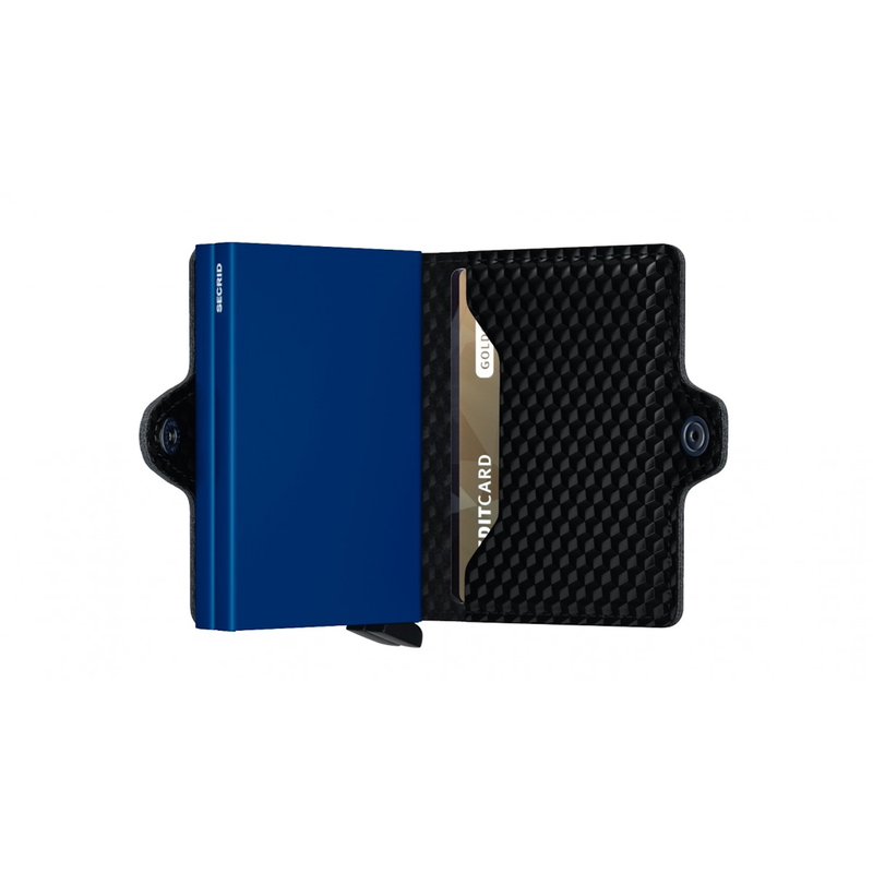 The Secrid Twinwallet Cubic is a leather wallet with a traditional material and futuristic feel and with built-in aluminium case to protect your cards form bending, scratching or data theft. The ever-changing reflection gives this leather a dynamic look. Twinwallet Cubic Black-Blue is corrected-grain leather with 3D embossing, made in Italy from European cowhide