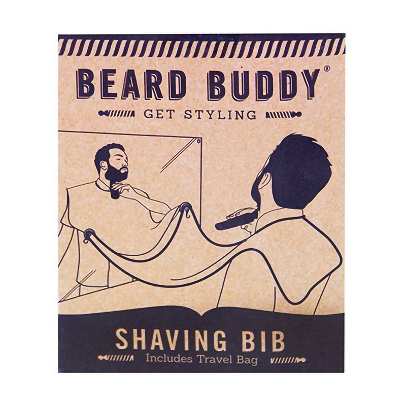 Beard Buddy Shaving Bib package, connected to your mirror with suction cups, great gift for men with beards. 