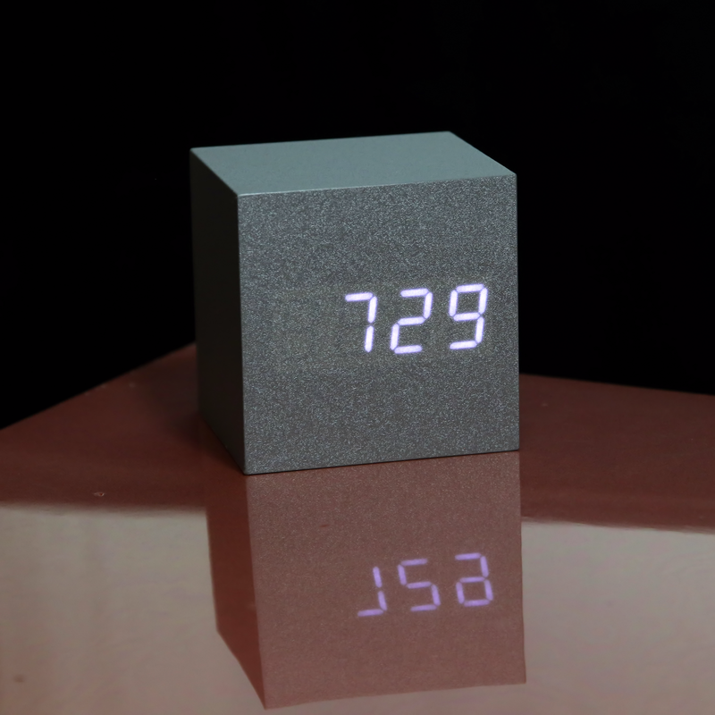 Cubee Wood clock in Natrual wood finish with digital temperature in white. Sound activated time for bed time lighting.