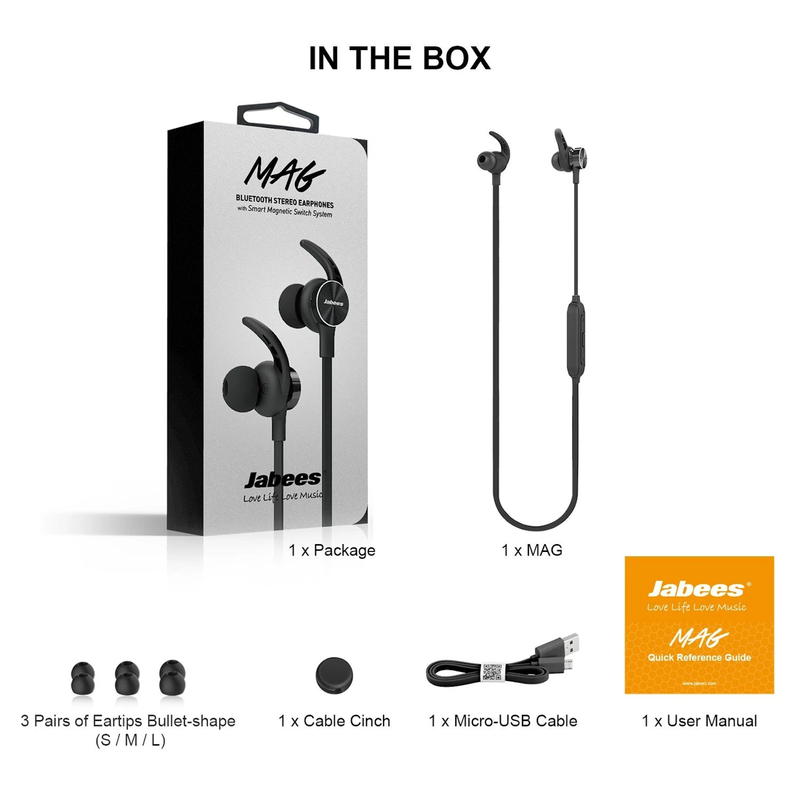 Jabees Mag Bluetooth Stereo Earphones Bluetooth V5.0 Class II Featuring the magnetic switch system that you only need to separate two earbuds to turn on and clasp them together to turn off. Comes as the Bluetooth Remote Shutter for selfie.