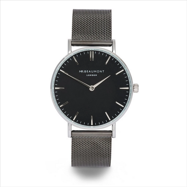 Personalised Mr Beaumont gun metal watch with black face Band Material: Gun metal stainless steel mesh+ fold-over clasp Includes trademark Mr Beaumont pouch & gift box
