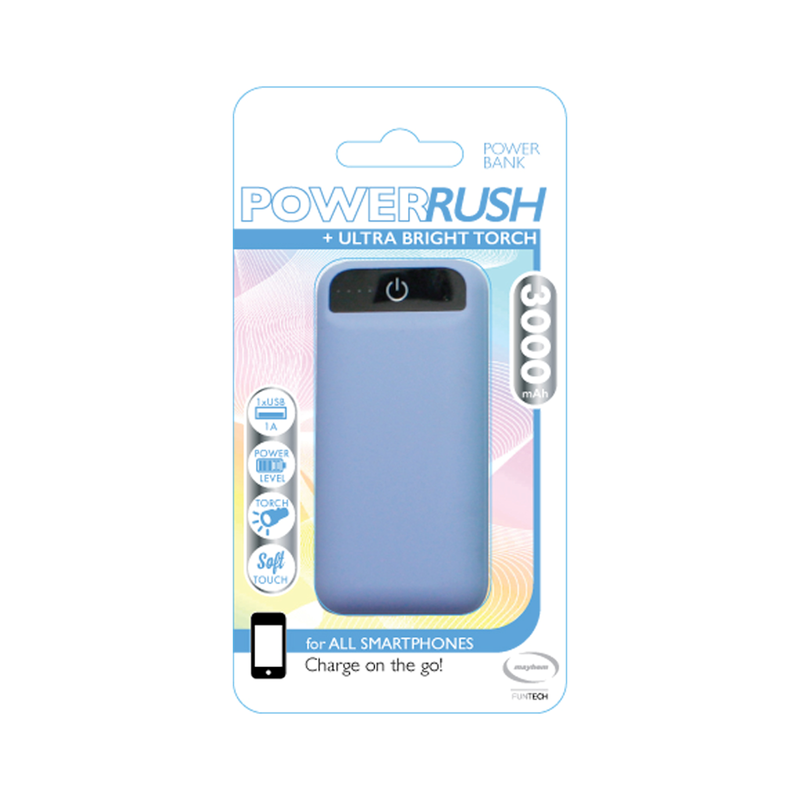 Charge your smartphone on the go and give some extra charge boost to all the USB charge devices with the Power Rush 3000mAh powerbank. 