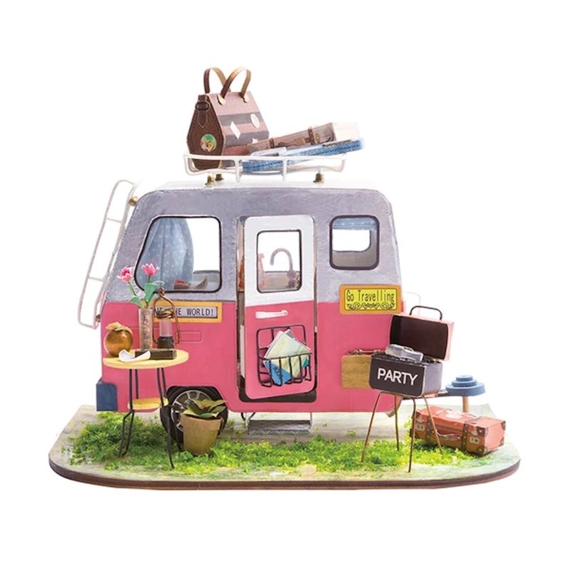 Robotime Happy Camper DIY Kits and Handcraft Toy Exquisite Mini House and Eco-Friendly Materials DIY Project Realistic miniature camper van