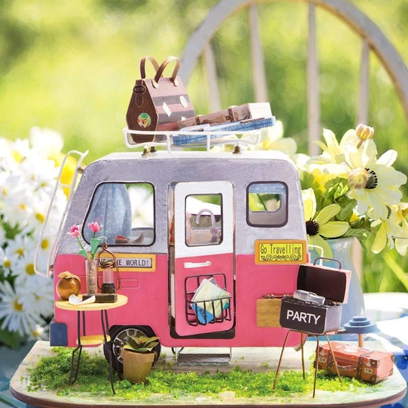 Robotime Happy Camper DIY Kits and Handcraft Toy Exquisite Mini House and Eco-Friendly Materials DIY Project Realistic miniature camper van