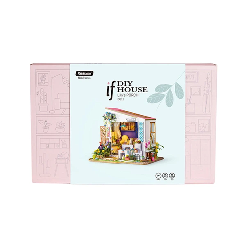 Robotime Lily's Porch is a Miniature Set 3d puzzle with a Lovely Porch- Wood mini house with a cat and small flower yard to build. 