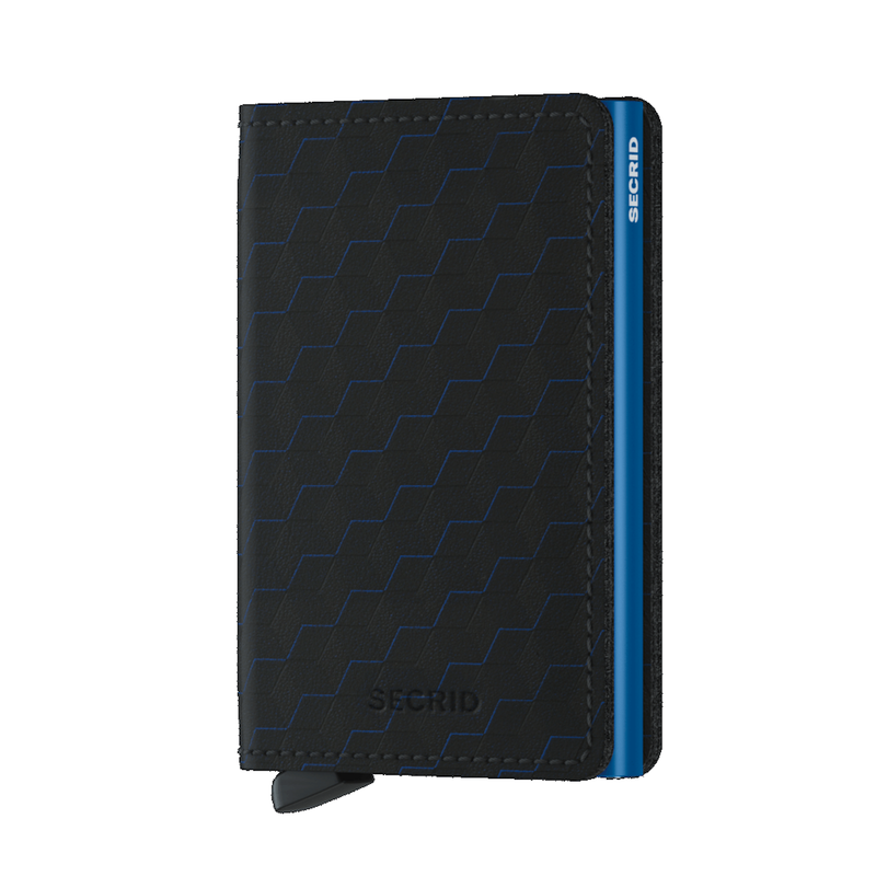 A new addition to the Secrid family with a modern twist, the  Secrid Slimwallet Optical Black has a hexagon pattern consisting of three separate layers of rich finishing reveal a blue highlight in this leather. This Slimwallet is from corrected-grain leather, made in Germany from European cowhide. It protects your credit cards with the built-in aluminium case and it holds banknotes in a slim design to look and feel light and compact in your pocket.
