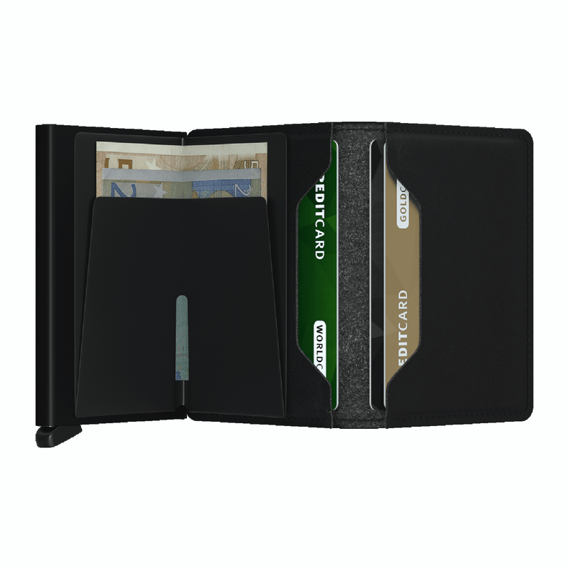 The Secrid Slimwallet Vegan Soft Touch is an RFID protective wallet built in an aluminium case to protect your credit cards from bending, scratching or any data theft.